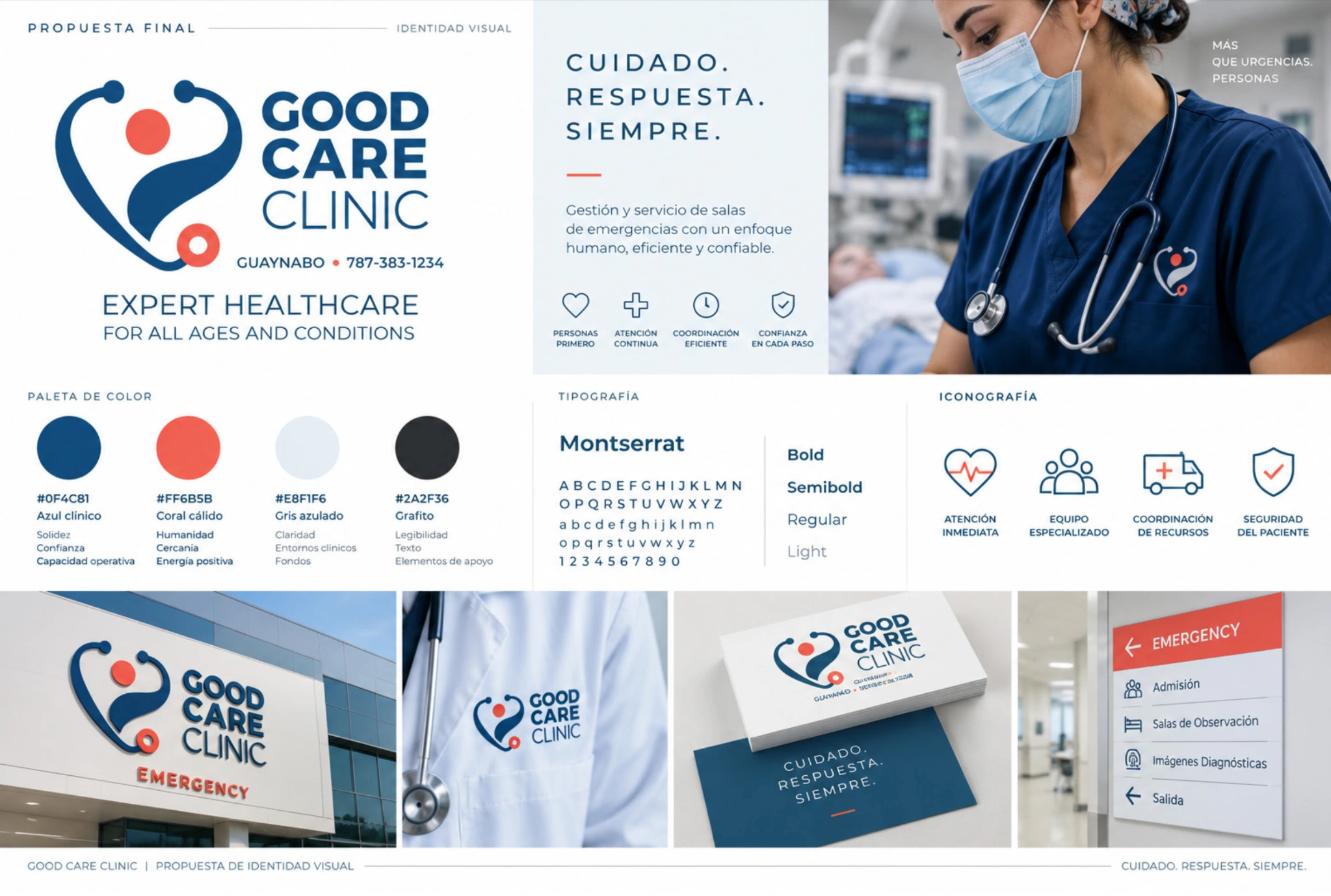 Good Care Clinic: sistema de identidad visual aplicado a marca, clínica y comunicación.